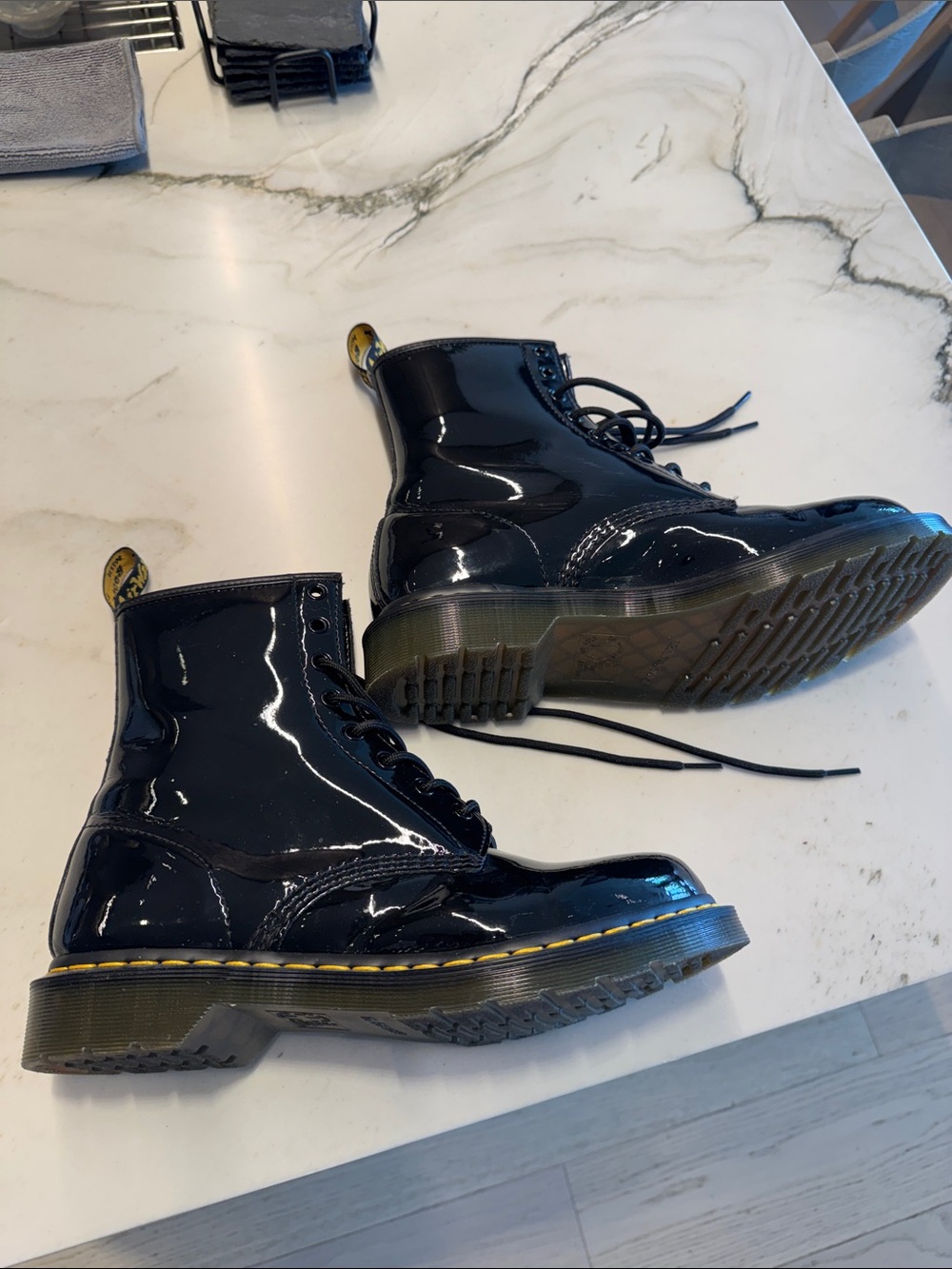 Dr. Martens Black Patent 8-Eye Lace-Up Boots with Yellow Stitching - Picture 6 of 11